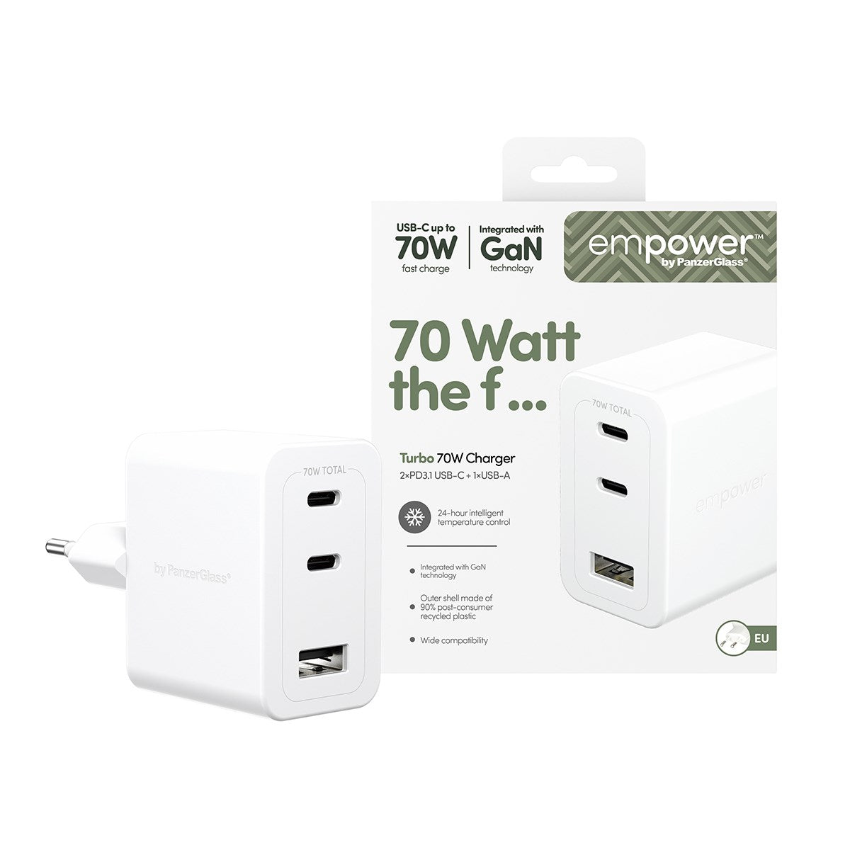 empower by PanzerGlass® Turbo 70W Multiple Ladegarät inkl. 2 x USB-C + USB-A | EU Anschluss | Silber Weiss